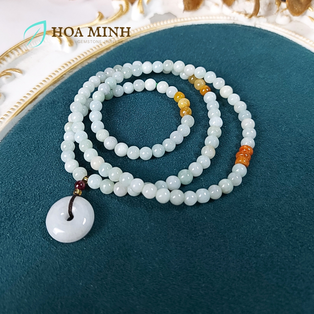 Vòng tay chuỗi 108 hạt Cẩm Thạch bạch ngọc nếp băng size hạt 5.5 li phối điếu cẩm thạch phong thủy tài lộc