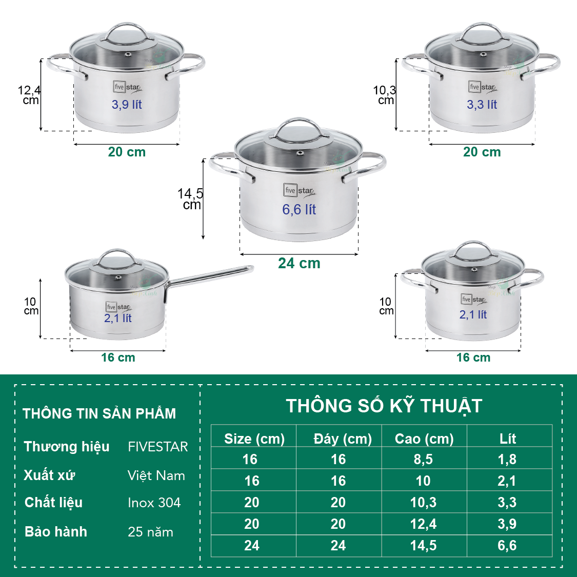 Bộ nồi quánh inox 304 FiveStar 3 đáy từ 5 món nắp kính , quai oval , Tặng 10 muỗng inox