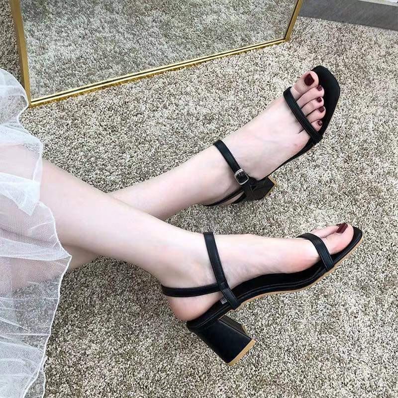 Giày Sandal cao gót QUAI NGANG DÂY MẢNH 5P GÓT VUÔNG 2 màu