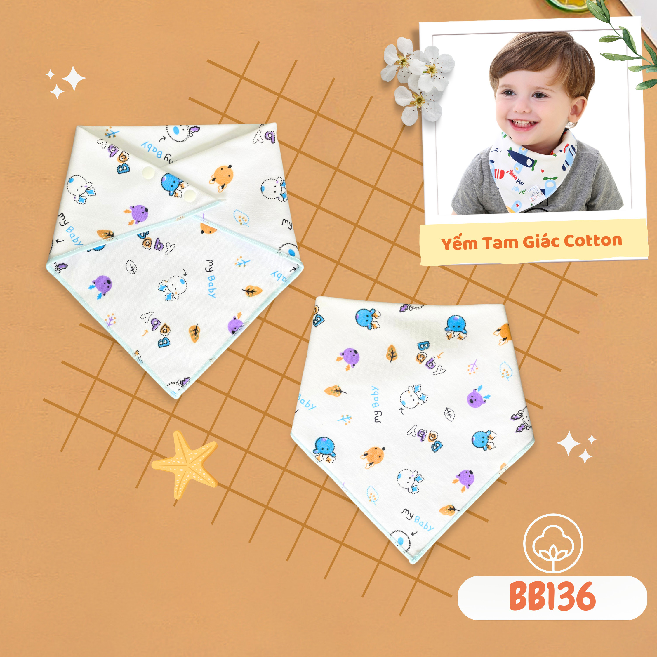 Yếm tam giác cho bé Babiboo khăn yếm cotton 2 lớp, họa tiết đáng yêu- BB136