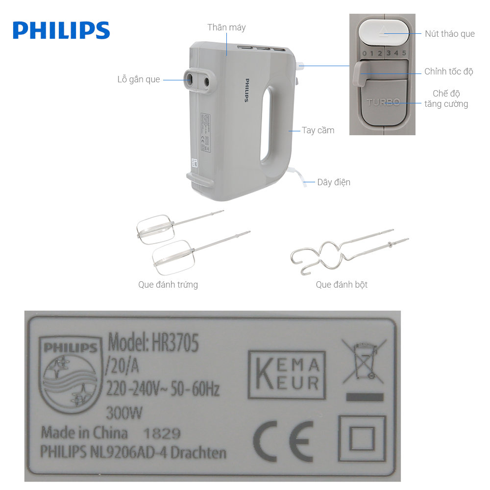Máy đánh trứng cầm tay Philips HR3705/20 công suất 300W, bảo hành 2 năm - Hàng chính hãng
