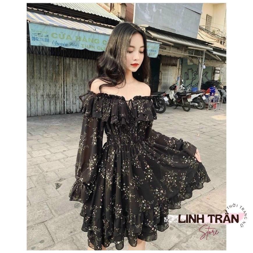 Đầm Trễ Vai Bèo Tay Bồng Phối Ren Váy Trễ Vai Dáng Xòe Linh Trần Store