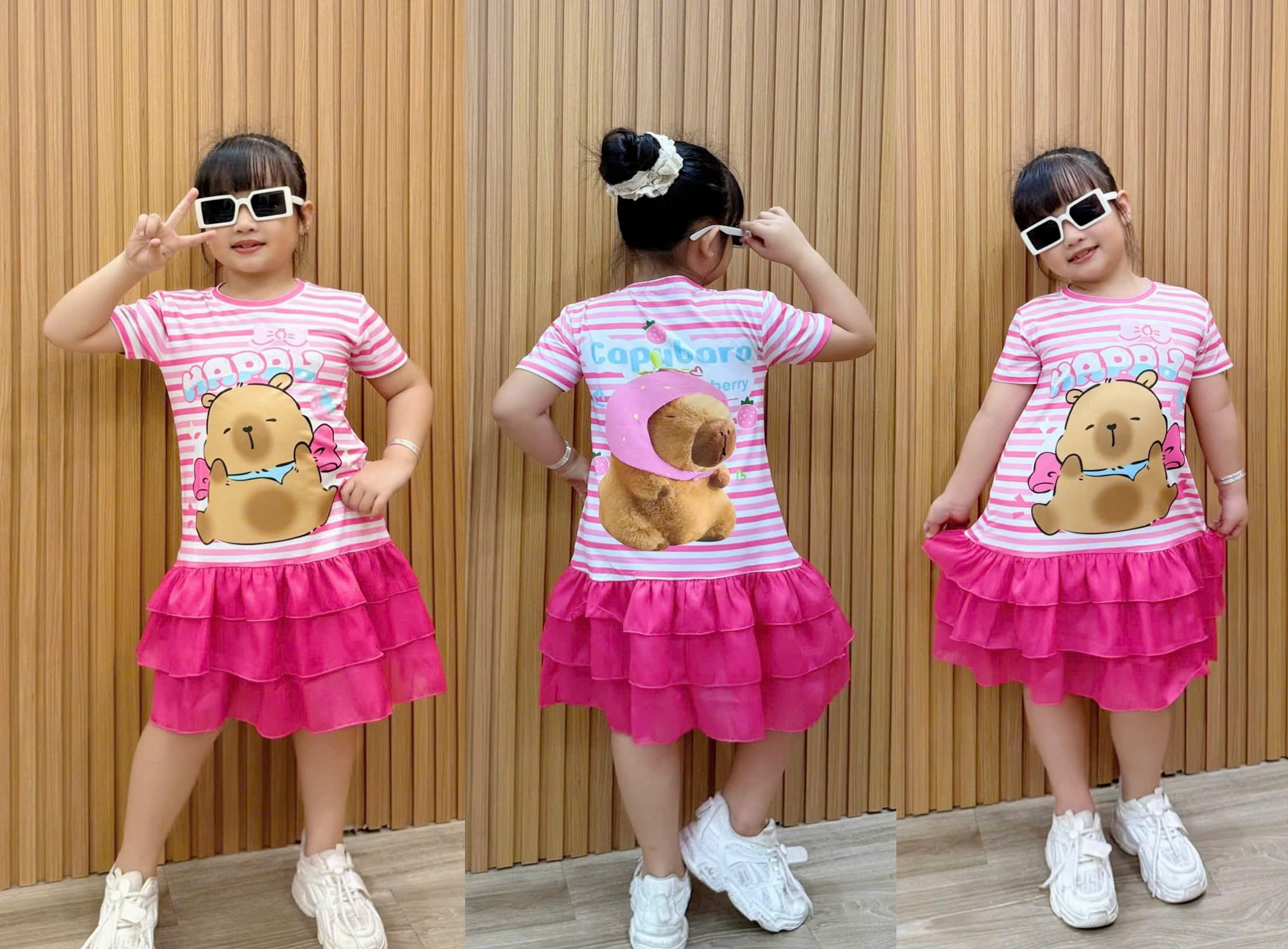 Đầm váy suông cho bé gái diện tết labubu baby three capybara size 12-45kg chất thun lạnh mềm mát