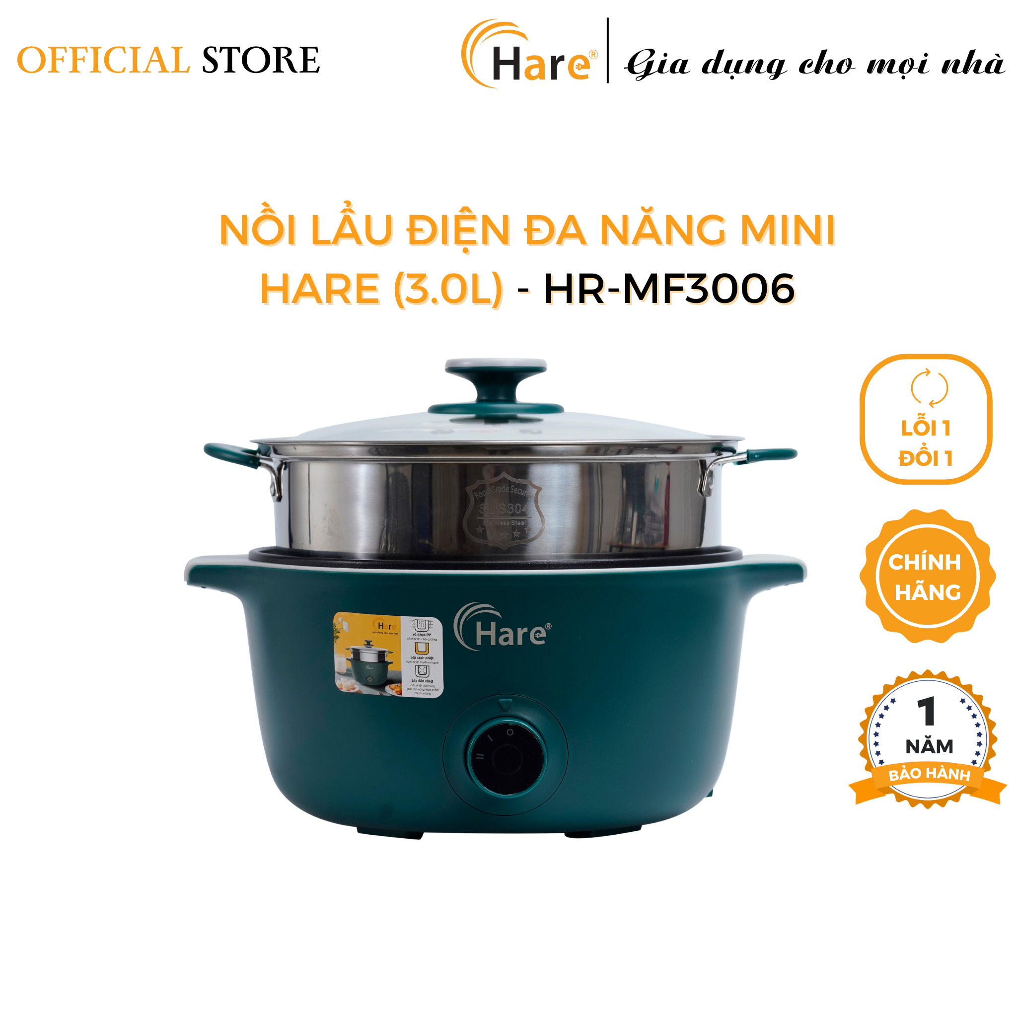 Nồi lẩu điện đa năng HR-MF3006 (3.0L) -hàng chính hãng thương hiệu Hare - bảo hành 12 tháng