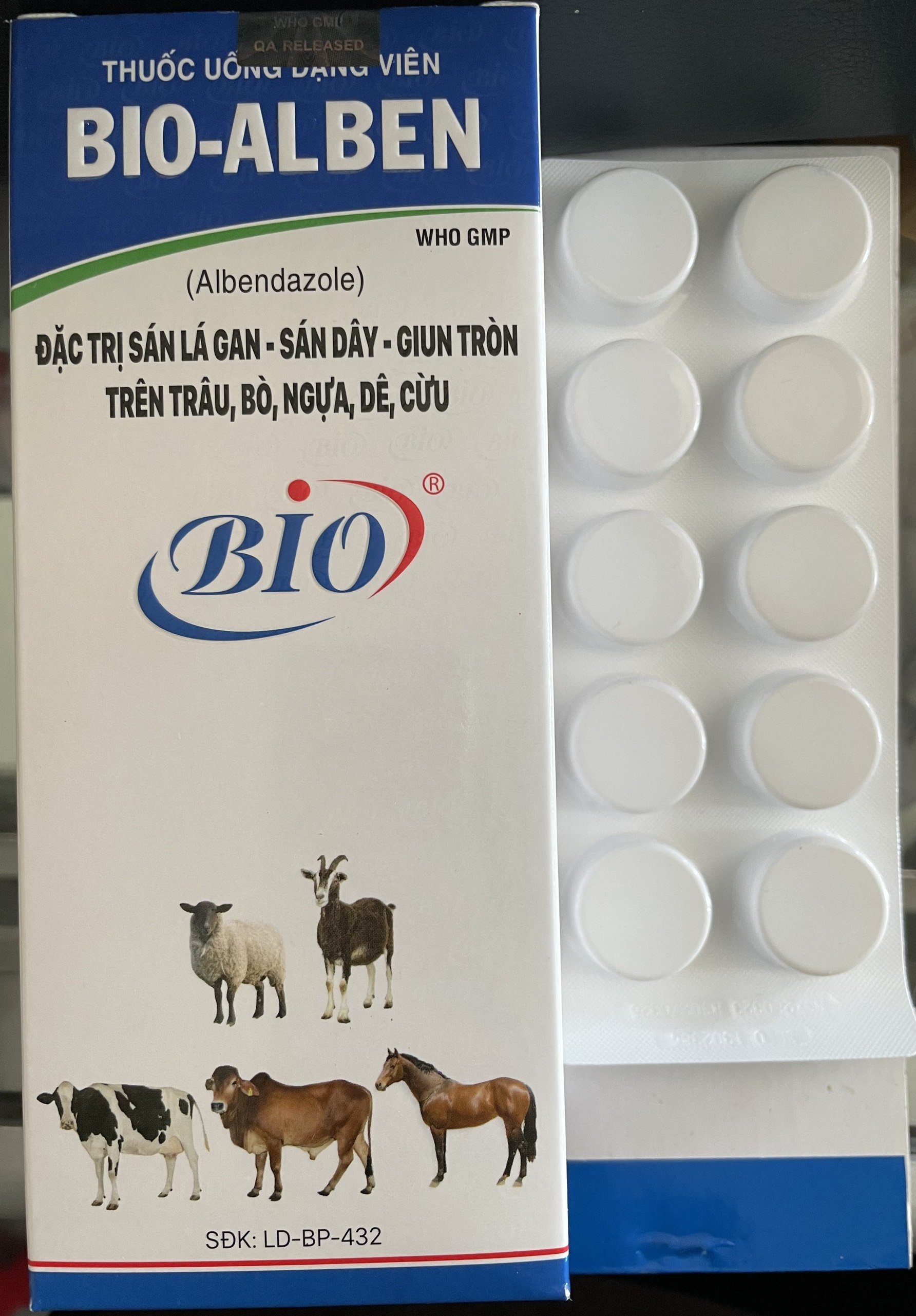 BIO ALBEN - ĐẶC TR.Ị SÁN LÁ GAN, SÁN DÂY, GIUN TRÒN TRÊN TRÂU, BÒ, NGỰA, DÊ, CỪU 1viên/5g