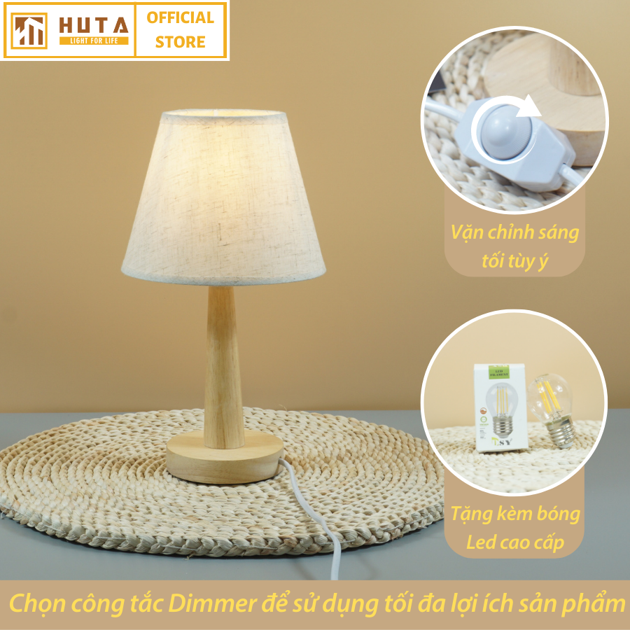 Đèn Ngủ Gỗ HUTA Light For Life G2 Chao Nón Vintage Dễ Thương, Decor Trang Trí Phòng Ngủ, Điều Chỉnh Độ Sáng, Bóng Led Sáng Vàng Tiết Kiệm Điện