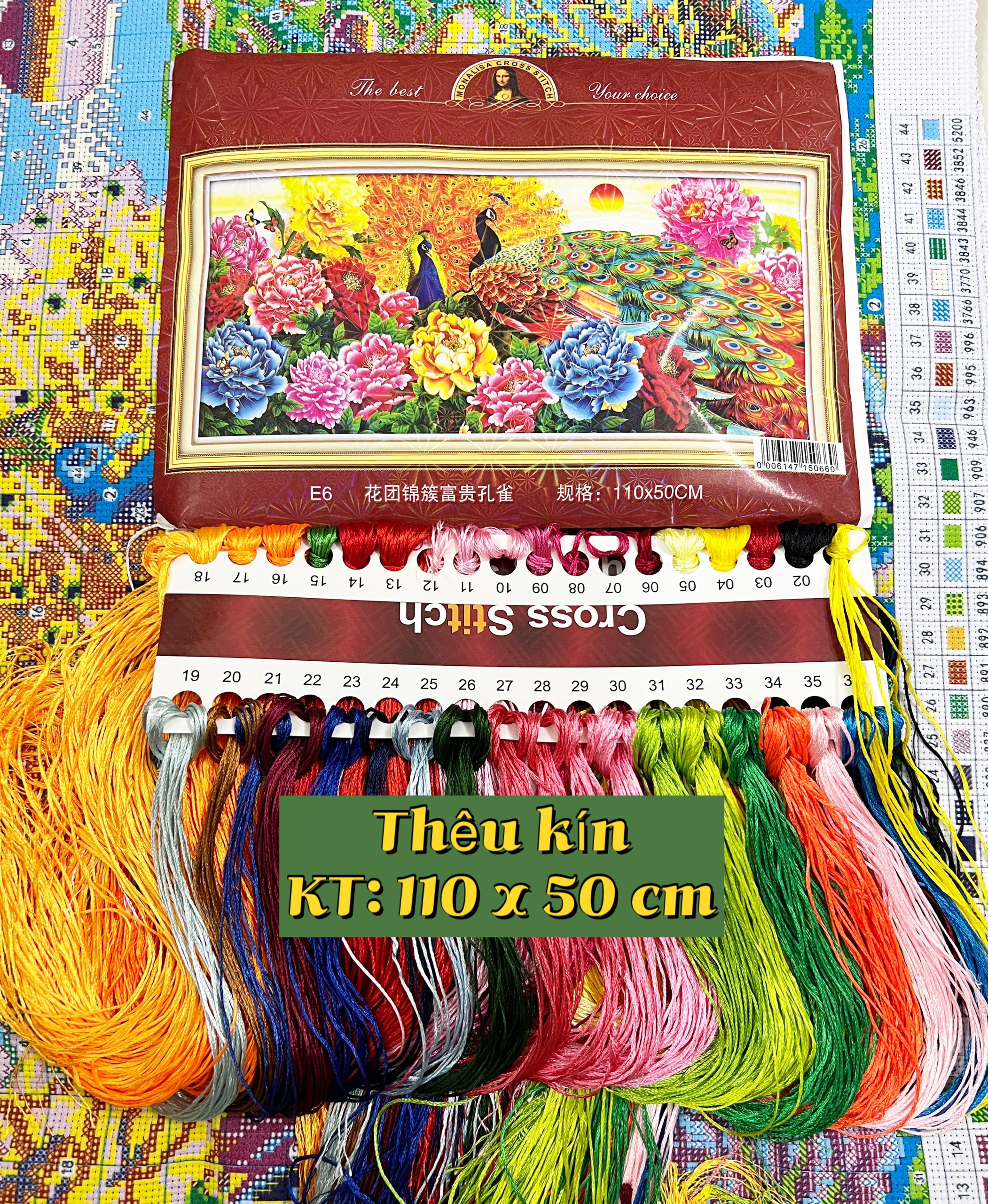 Tranh thêu kín chữ thập Đôi công hoa mẫu đơn E6, kích thước 110  x 55 cm