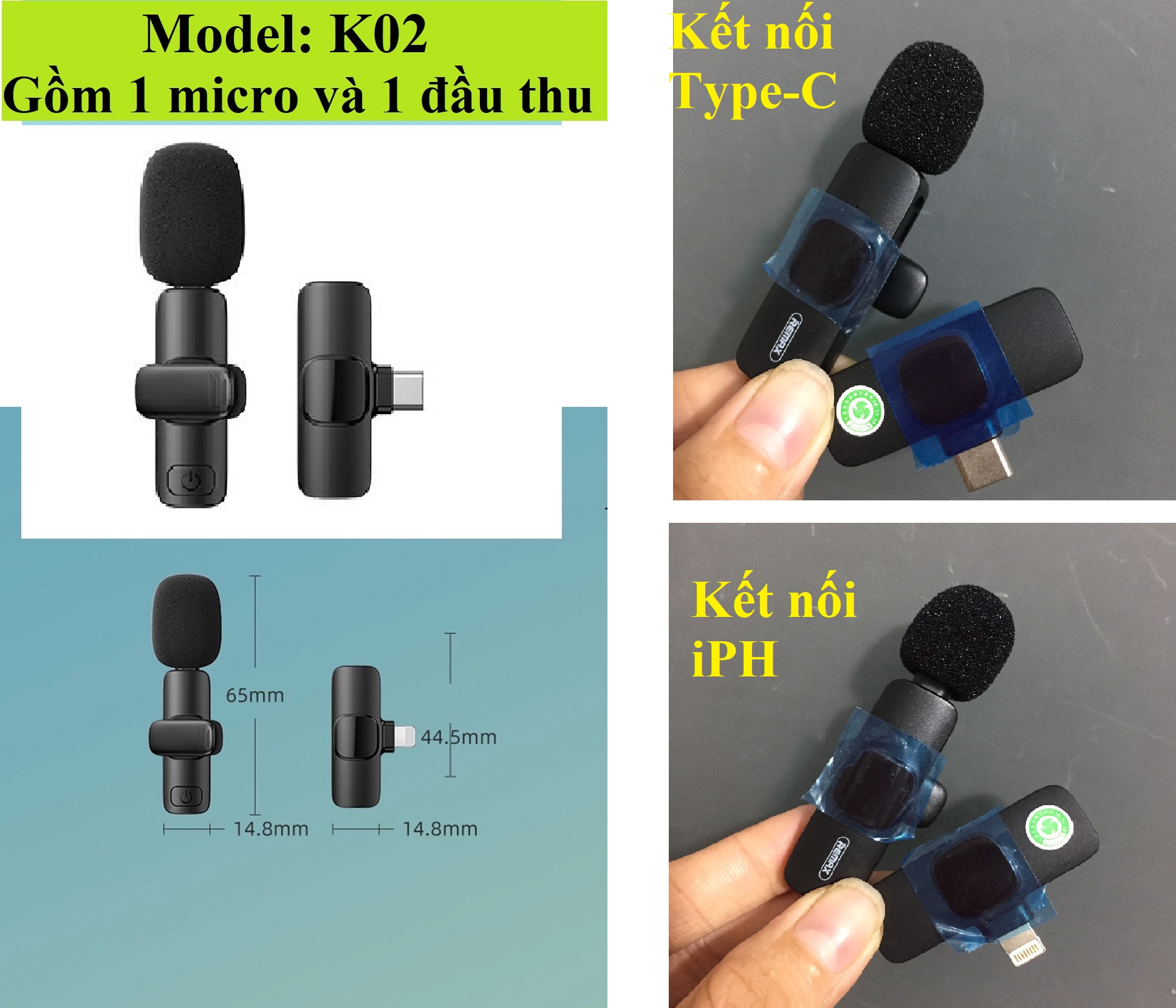 Micro thu âm không dây có kẹp cài áo kết nối type-C / iP Remax K03 / K02 -  Hàng chính hãng