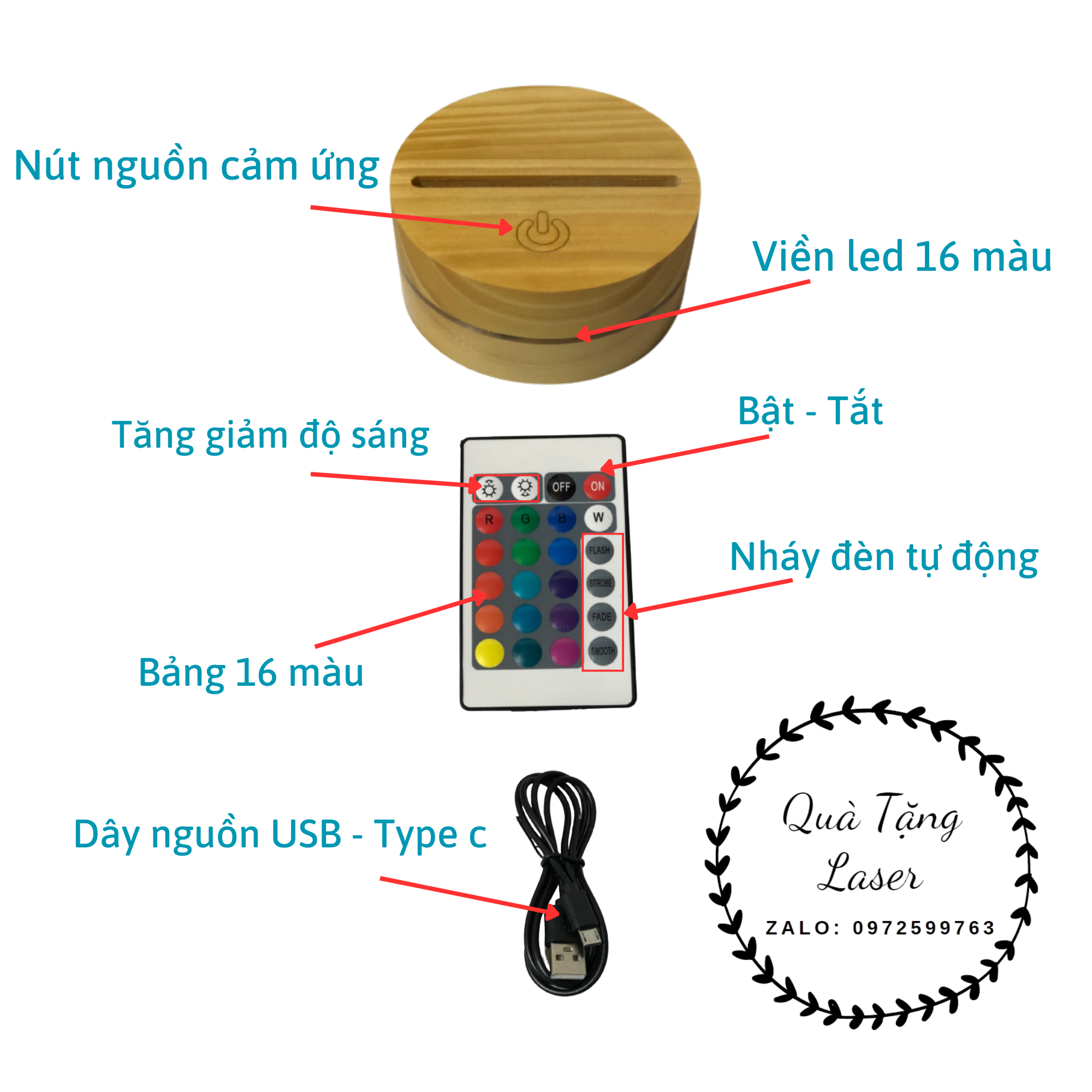 Quà tặng sinh nhật - Đèn led 3D khắc ảnh theo yêu cầu - Đế gỗ viền sáng 16 màu cao cấp, có điều khiển màu