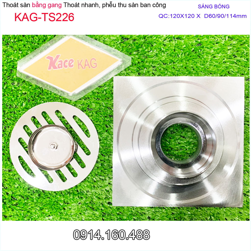 Phễu thoát sàn ban công 12x12 cm Linax KAG-TS226 Inox bóng gương chất liệu gang dày 3mm , Ga thoát nước nhà tắm ống D60-90-114 thoát nhanh chống hôi tốt