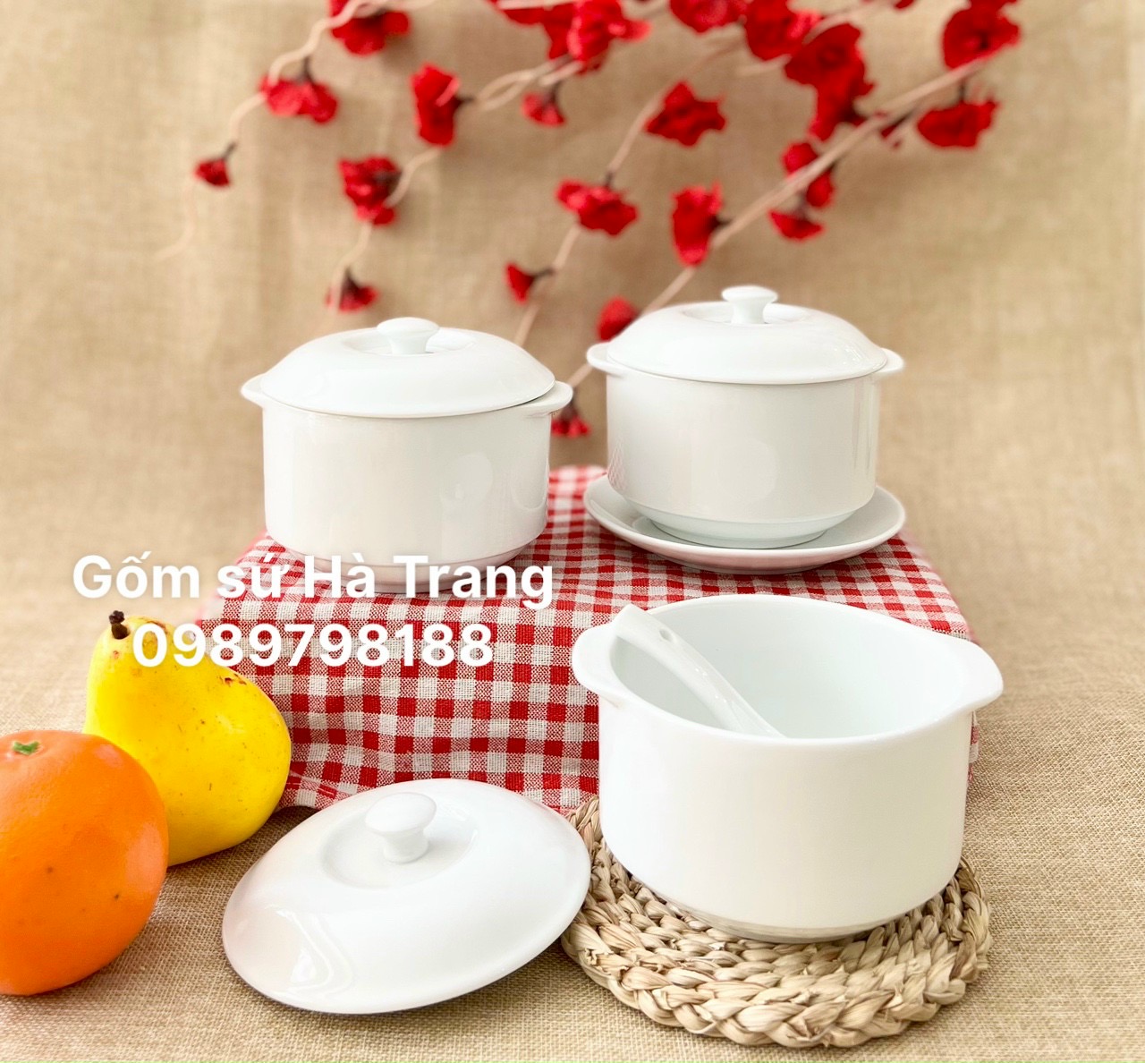 Thố chưng yến kèm đĩa và thìa gốm sứ Bát Tràng cao cấp men trắng dung tích 600ml kèm đĩa kèm thìa