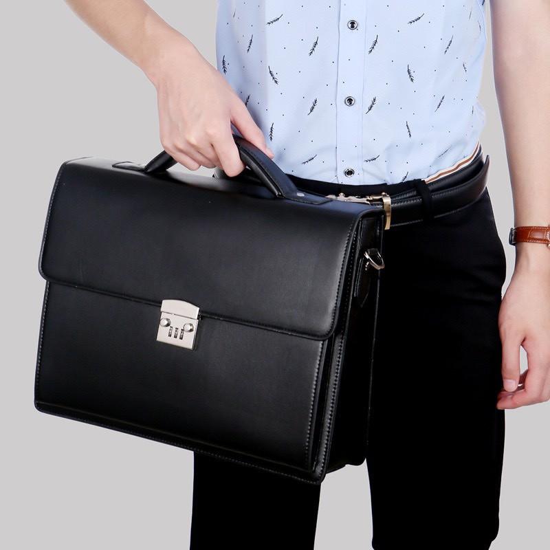 Túi xách cặp da giáo viên đựng laptop 14 inch da bò công sở T23 khóa số (Nâu-Đen)