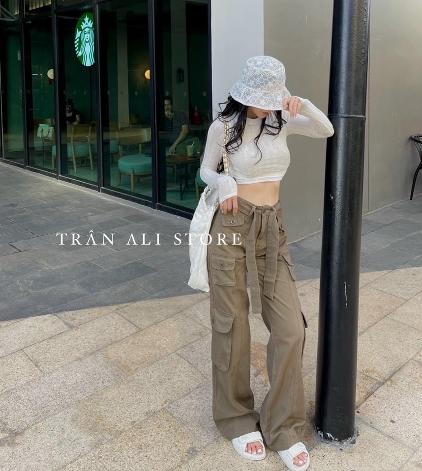 SET QUẦN DÀI TÚI HỘP ỐNG RỘNG LƯNG CAO + ÁO THUN CROPTOP BASIC CƠ BẢN TAY DÀI ÔM BODY ĐI CHƠI DẠO PHỐ ĐI BIỂN