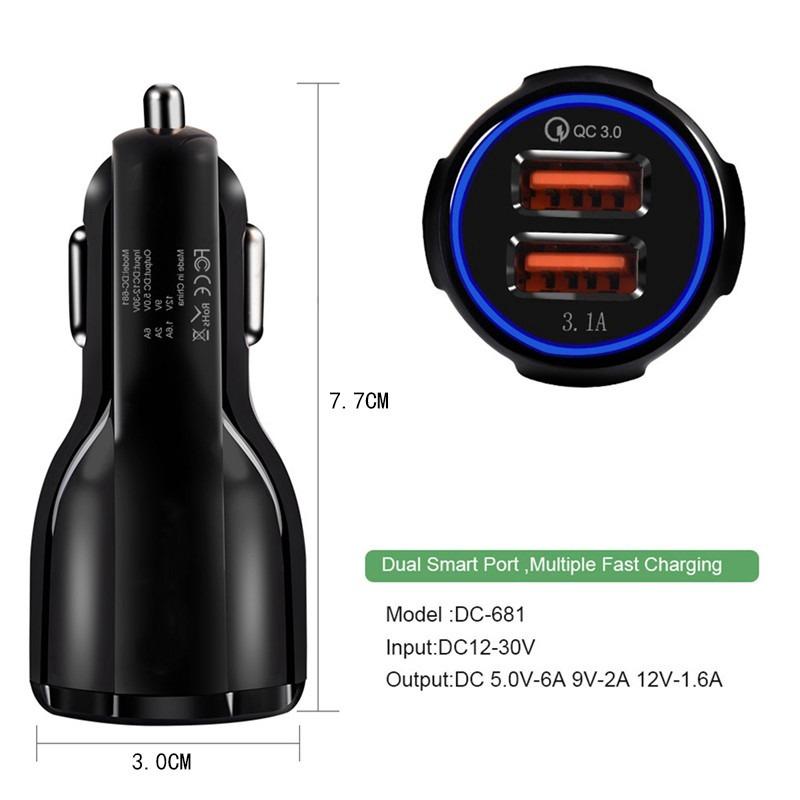 Tẩu sạc nhanh QC 3.0 hai cổng USB dùng trên xe hơi dành cho điện thoại Micro USB Type C iPhone
