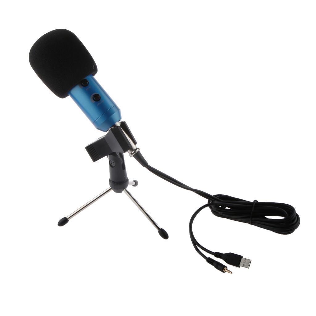 Computer Condenser Microphone PC Recording Mic W/ Stand Blue Silver