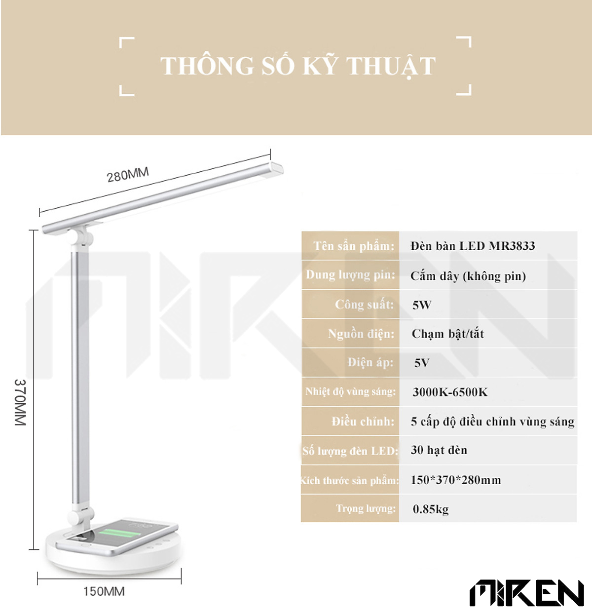 Đèn Bàn Học Đọc Sách Làm Việc LED Chống Cận Bảo Vệ Mắt – Cảm Ứng Tích Hợp Sạc Không Dây - Vùng Sáng 3000-6500K – 5 Cấp Độ Điều Chỉnh – Phiên Bản Nâng Cấp Cổng Type-C