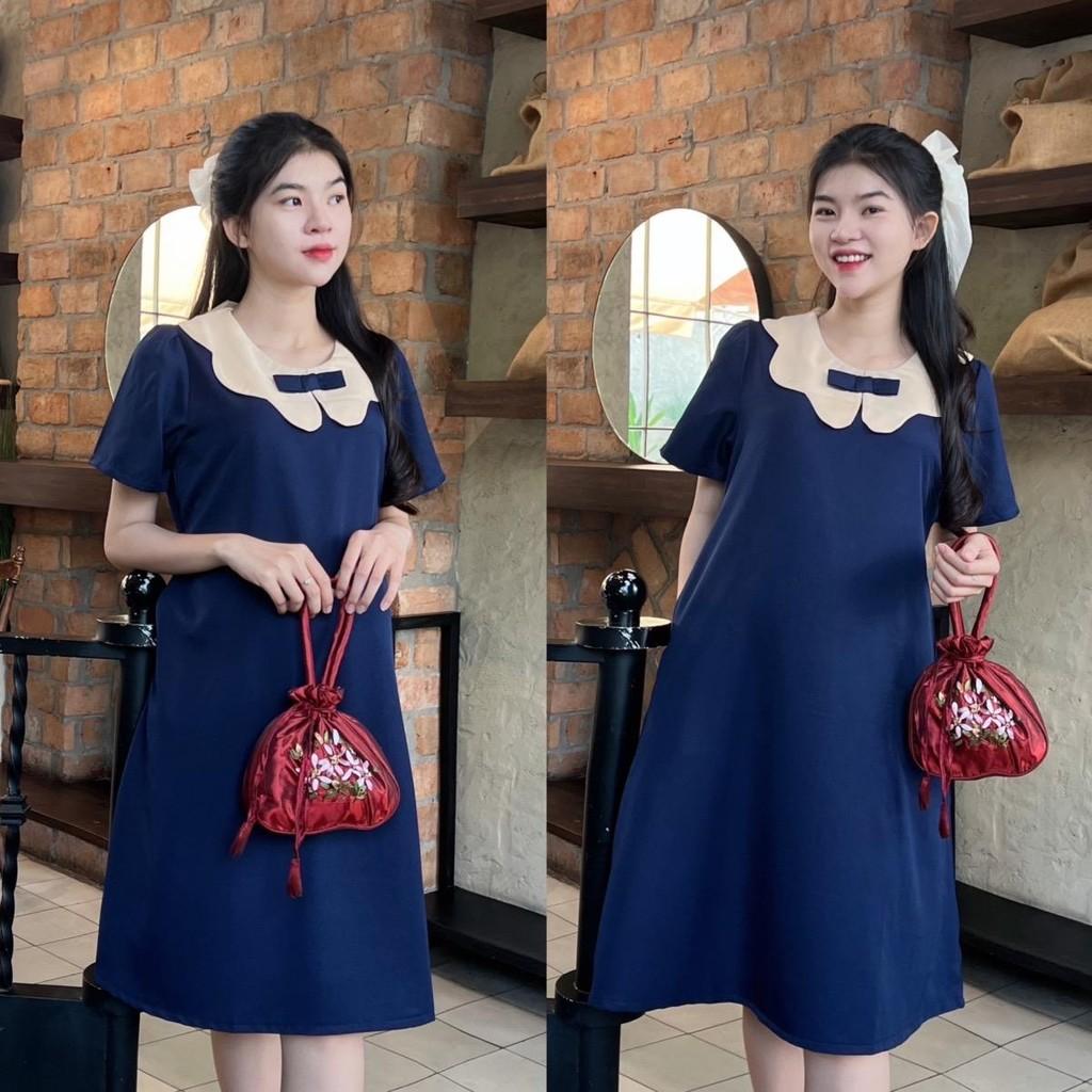 Đầm bầu công sở cổ sen phối nơ chất cotton lạnh phom suông gọn dáng thanh lịch - Xanh đậu