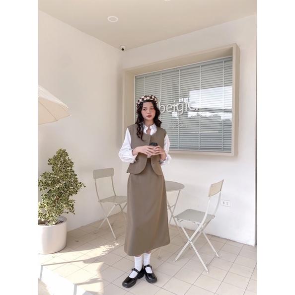 Set áo gile vest nữ dáng ngắn kèm chân váy dài 74b03 by germe