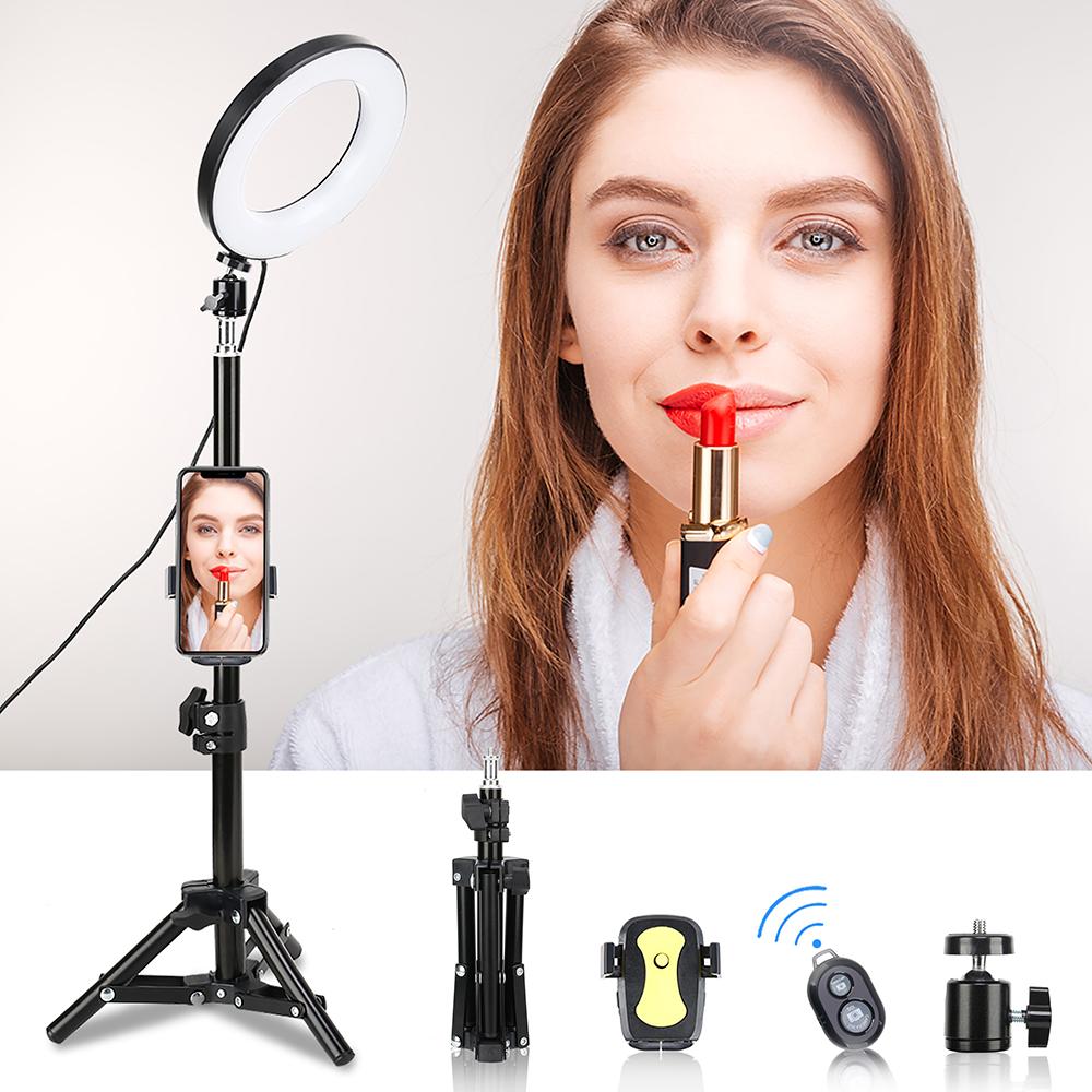 Đèn LED vòng để bàn 8 inch 3 Chế độ chiếu sáng USB có thể điều chỉnh độ sáng Được hỗ trợ bằng giá đỡ điện thoại Mini Ball Head Tripod Stand Điều khiển từ xa