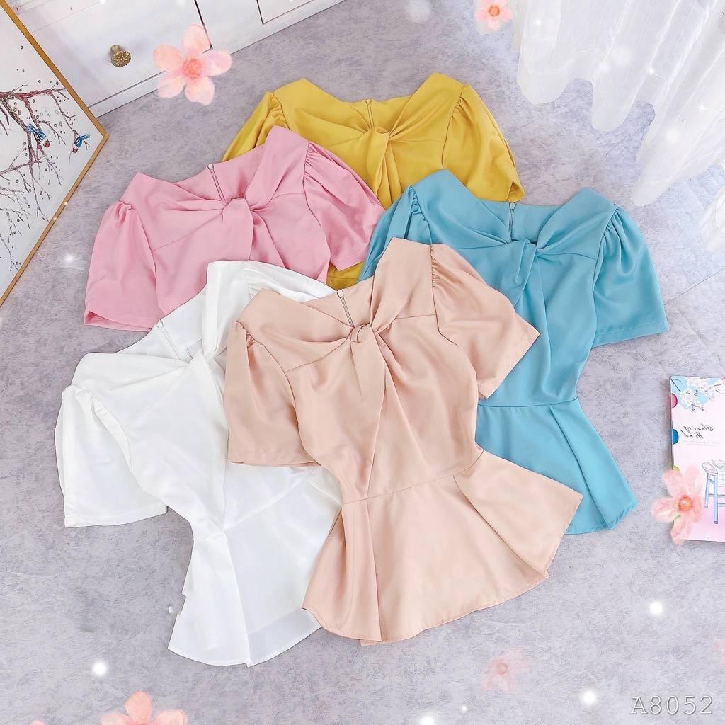 Áo sơ mi kiểu nữ peplum kate lụa CỔ XOẮN NGỰC và chun lưng giấu bụng hiệu quả