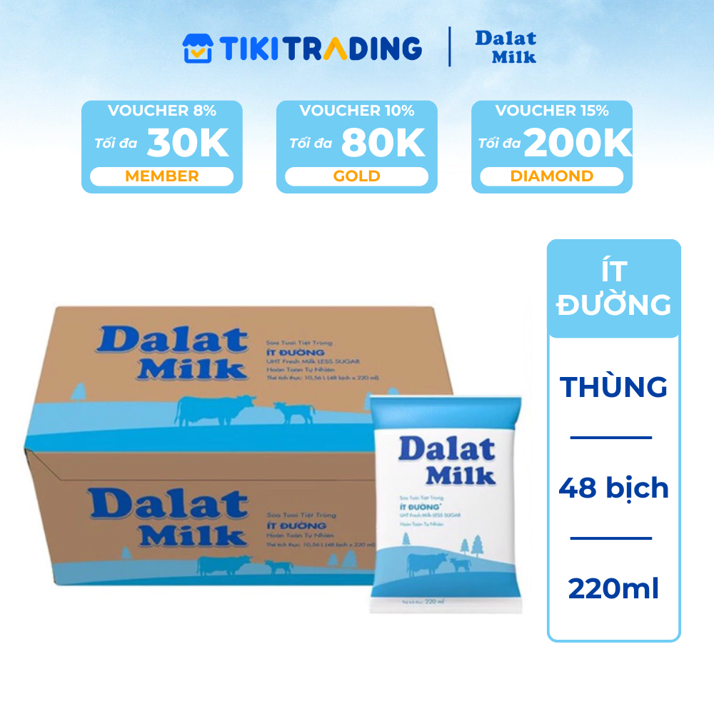 Thùng 48 bịch sữa tươi tiệt trùng Dalatmilk ít đường 220ml