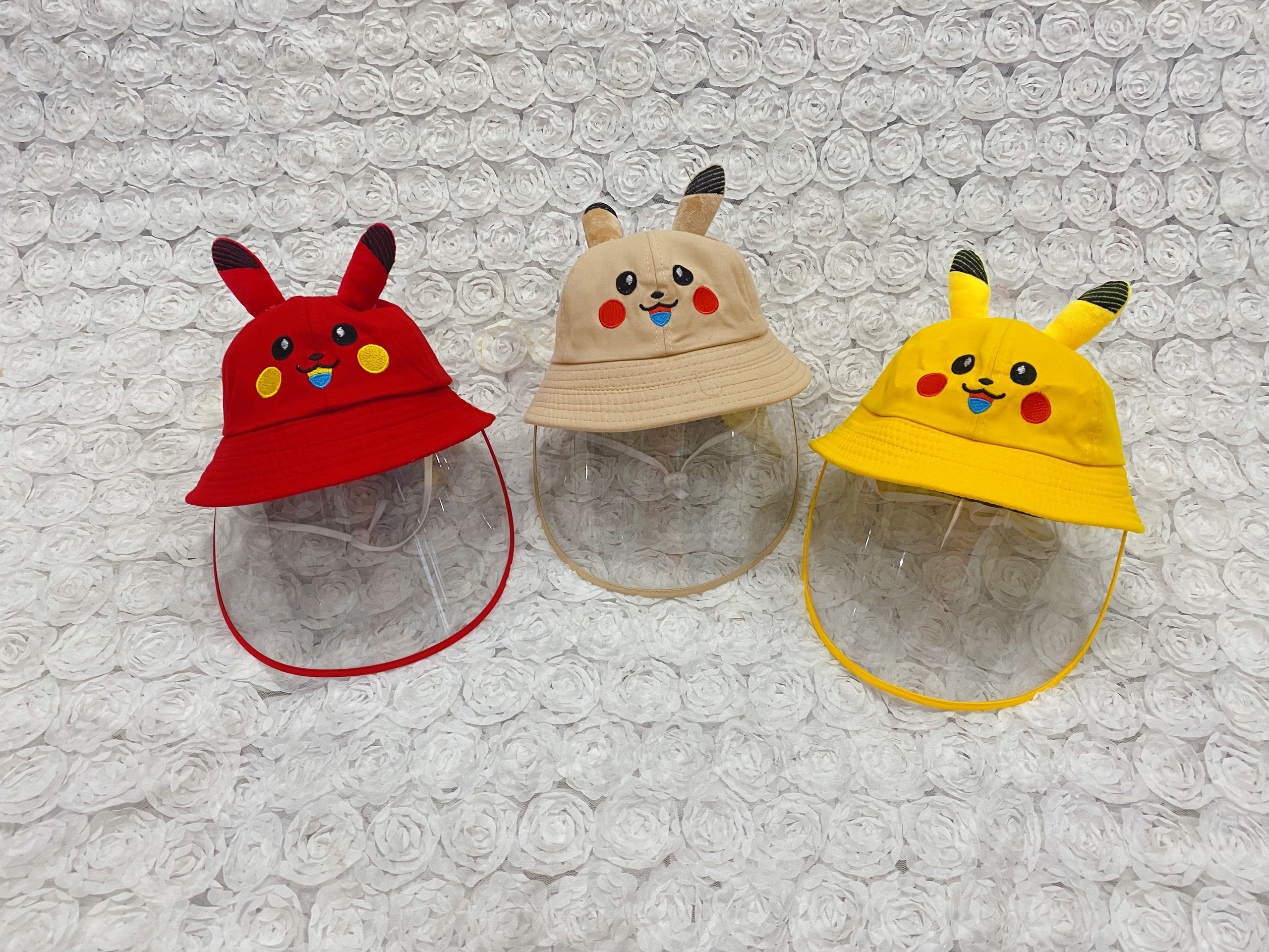 Mũ vành bucket Pikachu chống giọt bắn trẻ em, vòng đầu 52cm, có dây quai nón, tấm chắn có thể tháo rời làm nón thời trang cho bé