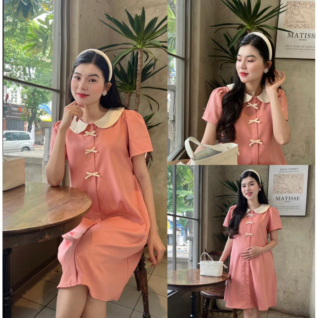 Đầm bầu công sở cổ sen đính 3 nơ dễ thương chất cotton lạnh mềm mịn - Hồng