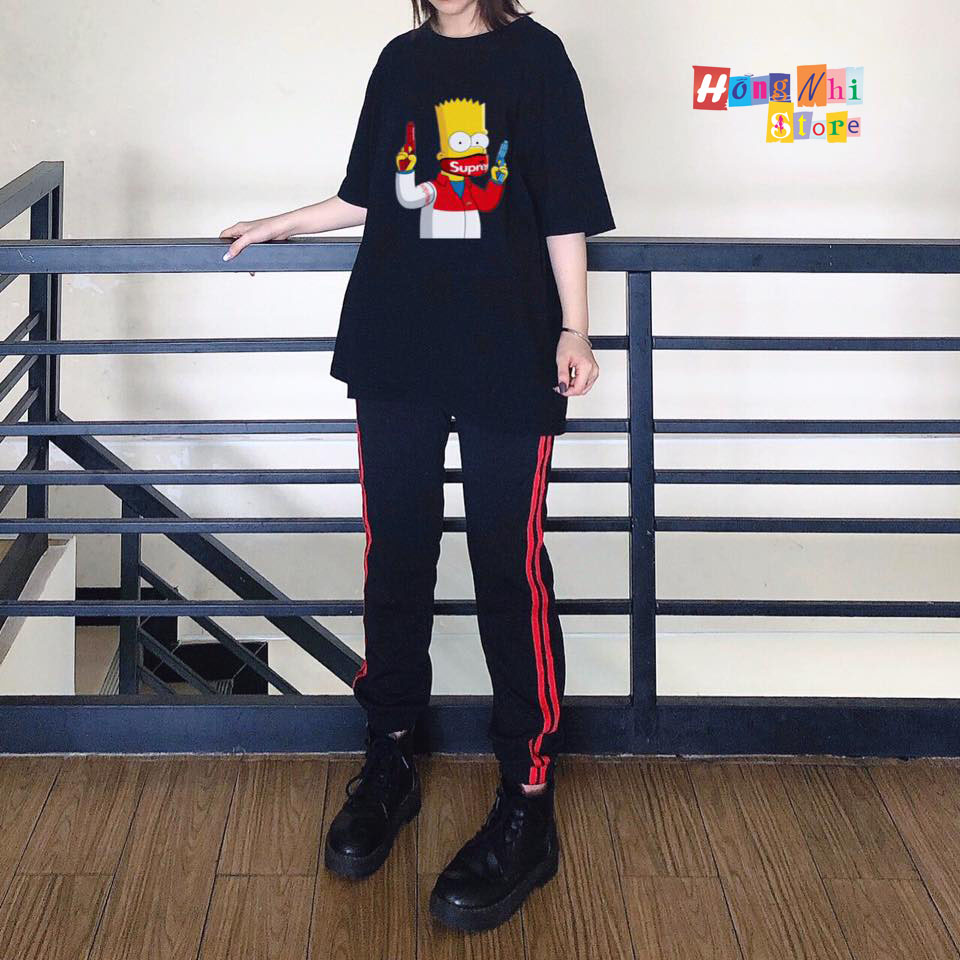 Quần Jogger Line Unisex Lưng Thun 2 Sọc Bo Lai Dáng Rộng Màu Đen Sọc Đỏ - MM
