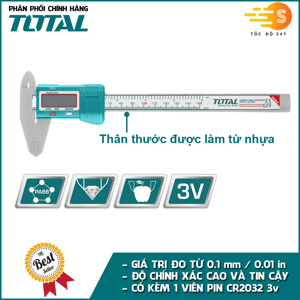 Thước kẹp điện tử thân nhựa 150mm TOTAL TMT331501 - kỹ thuật số, dùng pin CR2032, độ chính xác cao, do từ 0.1mm