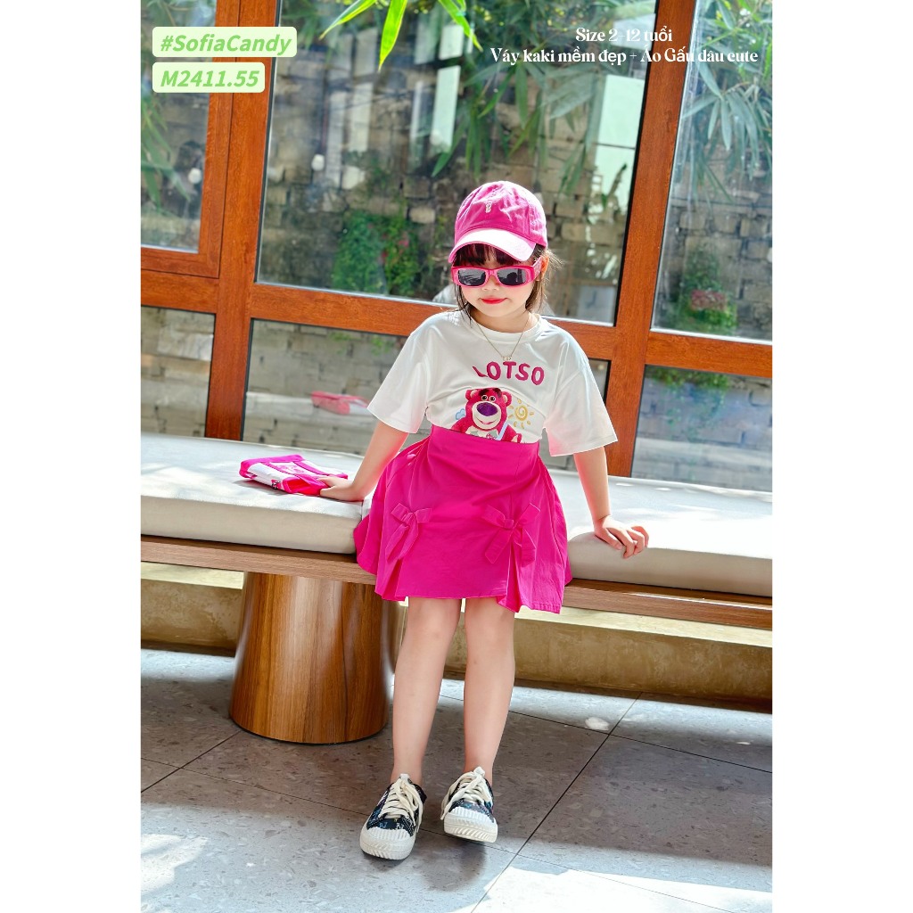 Set váy cho bé gái gấu dâu lotso đi hơi đi học năng động size 10-40kg hàng thiết kế cao cấp