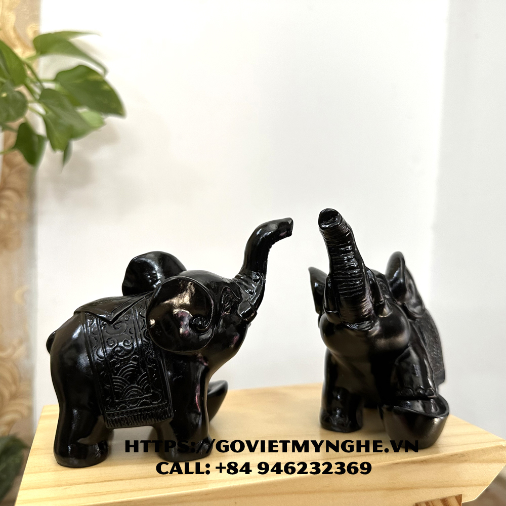 Combo 2 Tượng con voi đá trang trí phong thủy bàn làm việc - Màu đen tuyền - Chiều cao 11cm