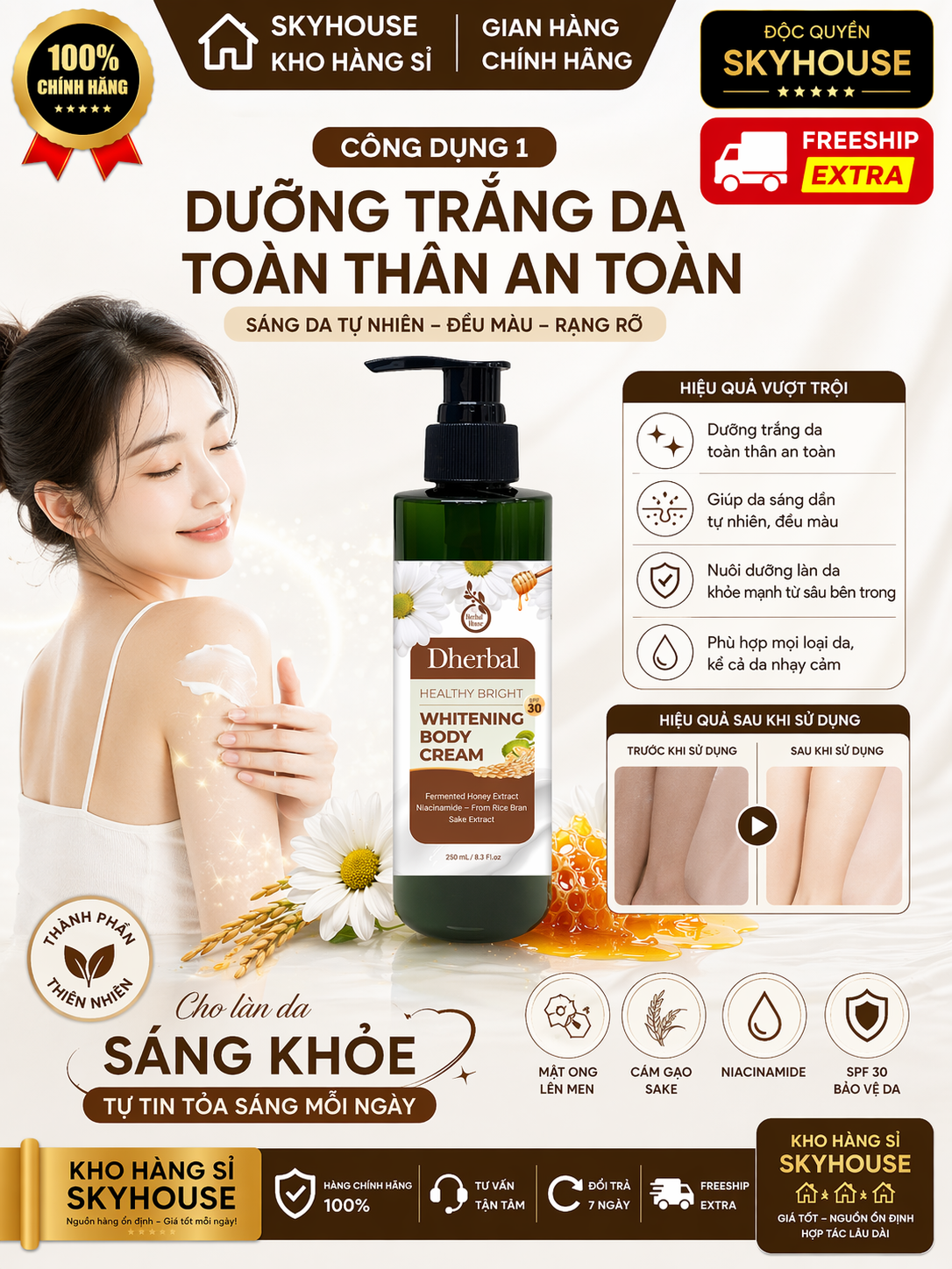 Kem dưỡng trắng da thiên nhiên độc quyền WHITENING BODY CREAM DHERBAL chai 250ml kem chống nắng toàn thân chính hãng
