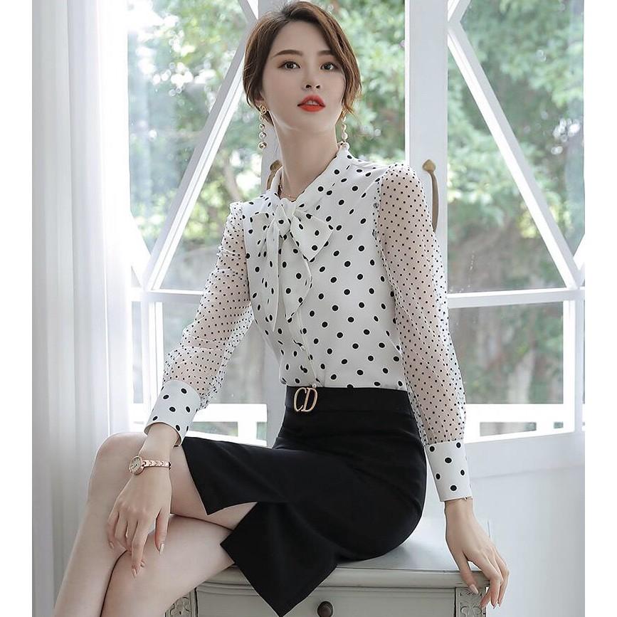 Áo sơ mi chấm bi phối nút cột nơ BY6359