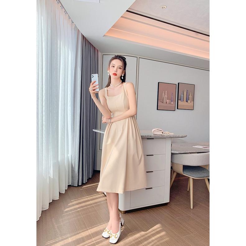 Váy đầm dây treo chất vải Umi eo xoè, bốn mùa phối cùng áo Vest,áo khoác