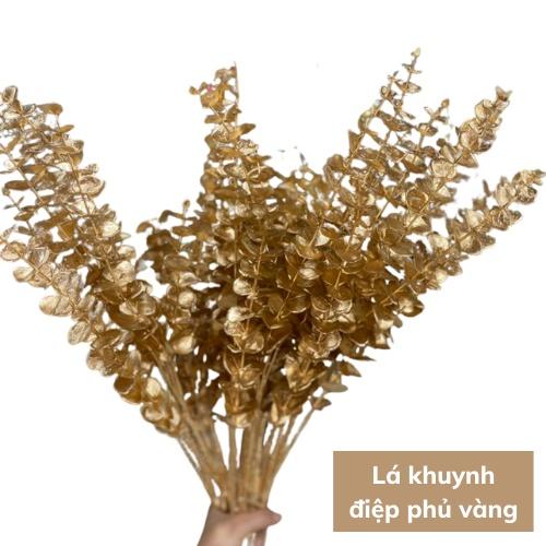 Cành lá khuynh điệp vàng 5 nhánh cao 90 cm - Lá táo nhập khẩu decor trang trí cắm đào đông siêu đẹp