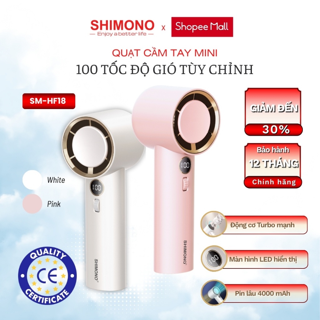 SHIMONO Quạt Cầm Tay Mini SM-HF18 100 Tốc Độ Gió Pin 4000mAh Sử Dụng 10 Tiếng Tặng Kèm Dây Đeo Hàng Chính Hãng