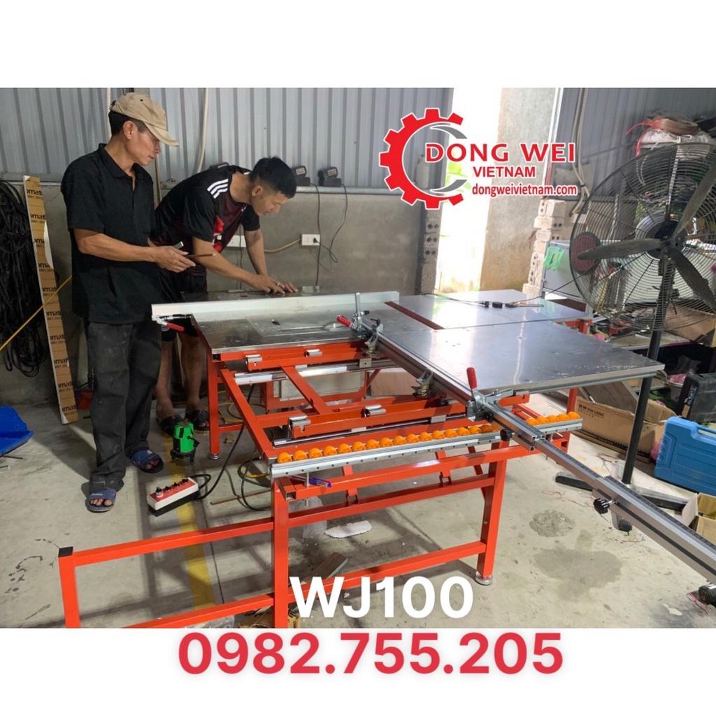 Máy cưa bàn trượt WJ100 (cưa 2 lưỡi, nâng hạ lưỡi điện, có mặt bàn máy soi, gắn kèm hút bụi) 0982.755.205