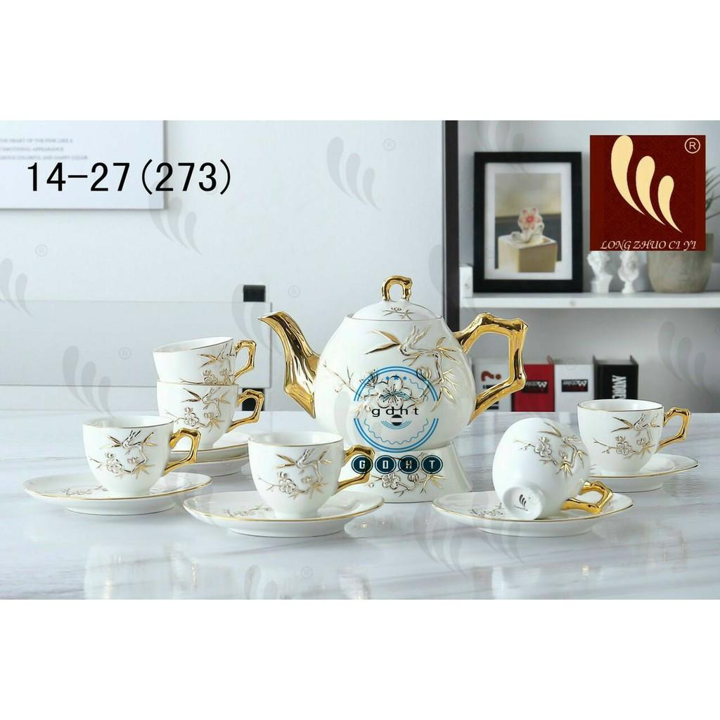 Bộ ấm chén cao cấp hoa tiết cây trúc , hoa