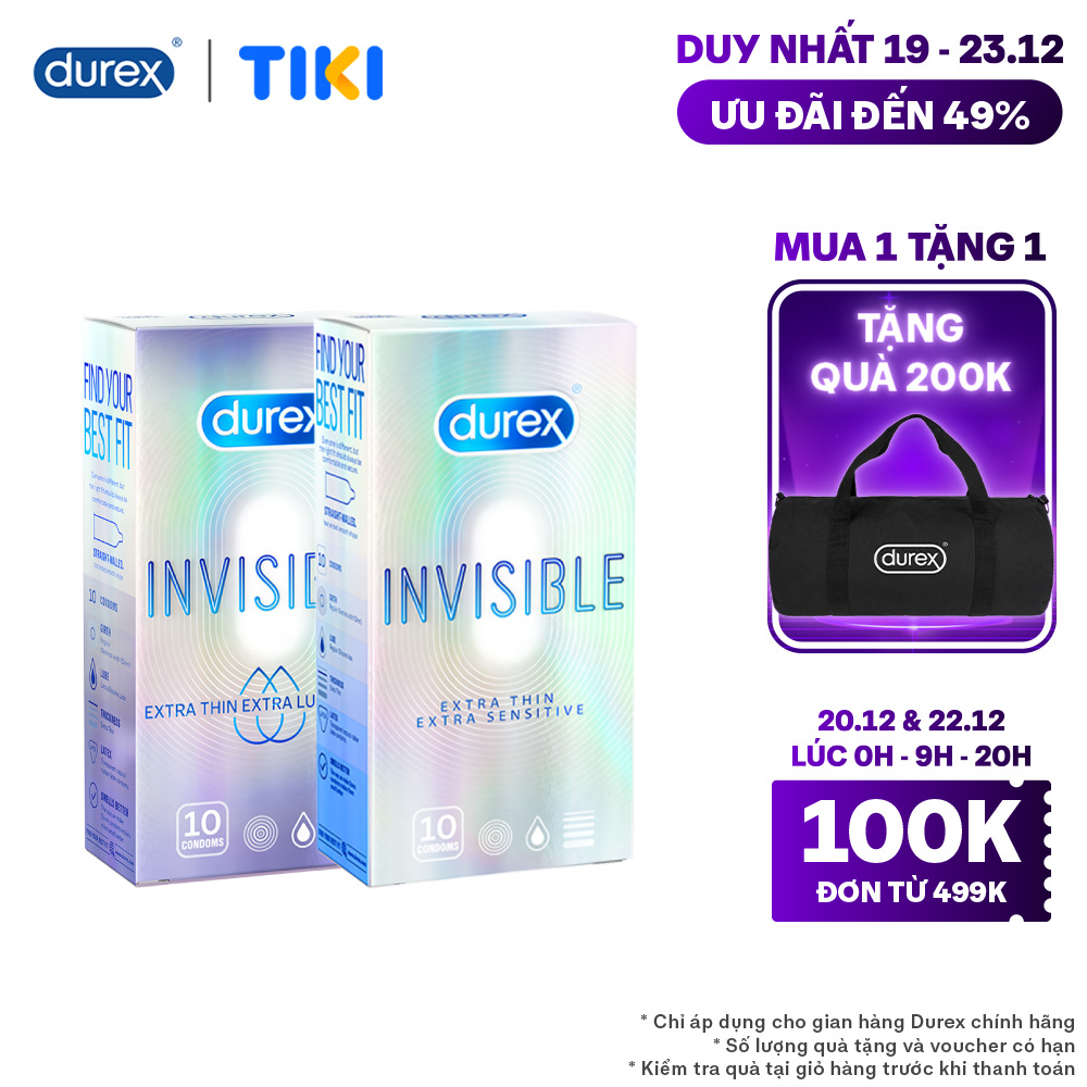 Combo Bao cao su Durex Invisible Extra Thin Extra Lubricated 10 Bao và Extra Sensitive 10 Bao