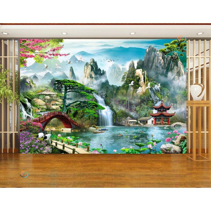 Tranh dán tường 3D thác nước sơn thủy hữu tình - VẢI LỤA phủ kim sa