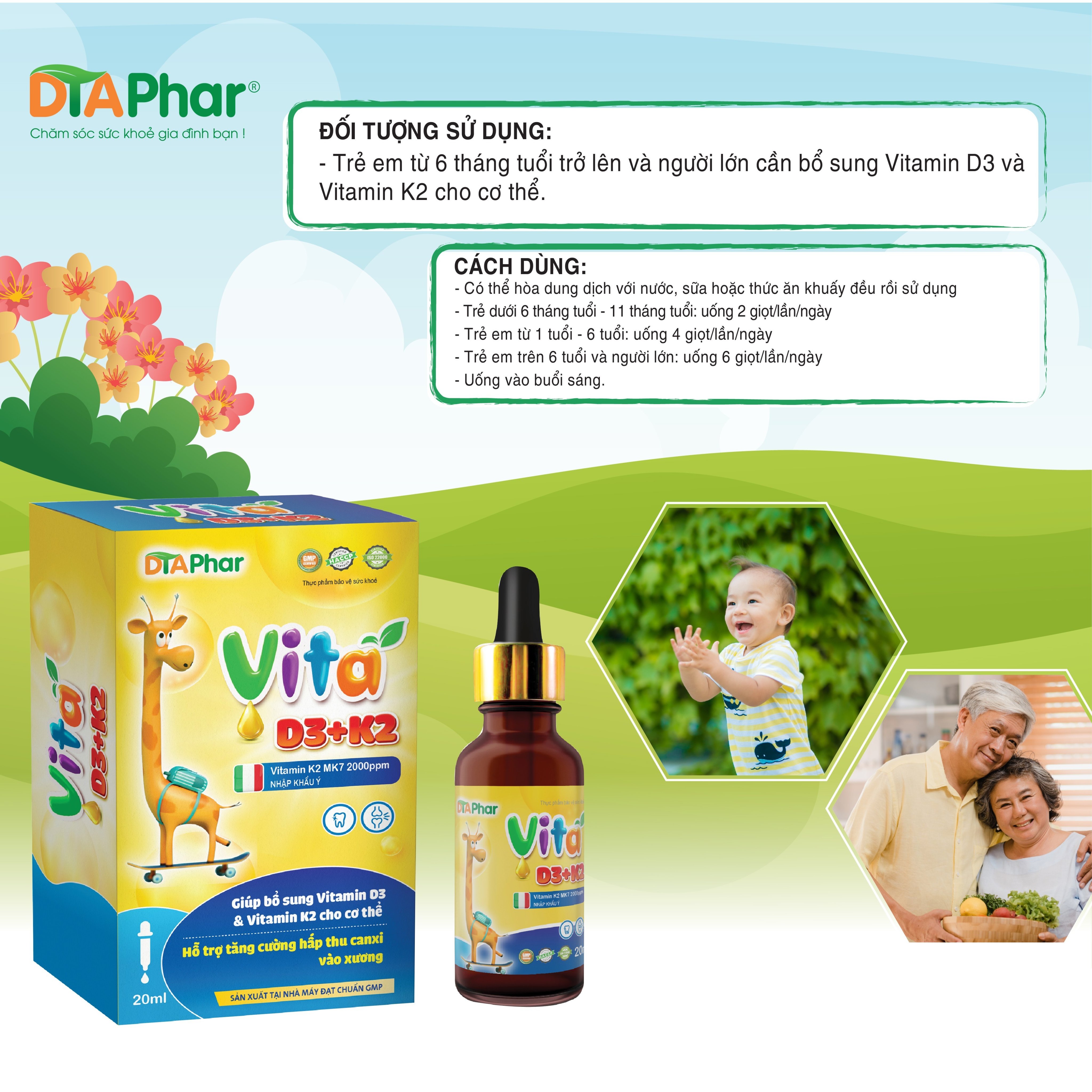 Vita D3+K2 Nhập khẩu ý Hỗ trợ bổ sung tăng cường hấp thu Canxi vào xương Chai 20ml Tâm An Pharma