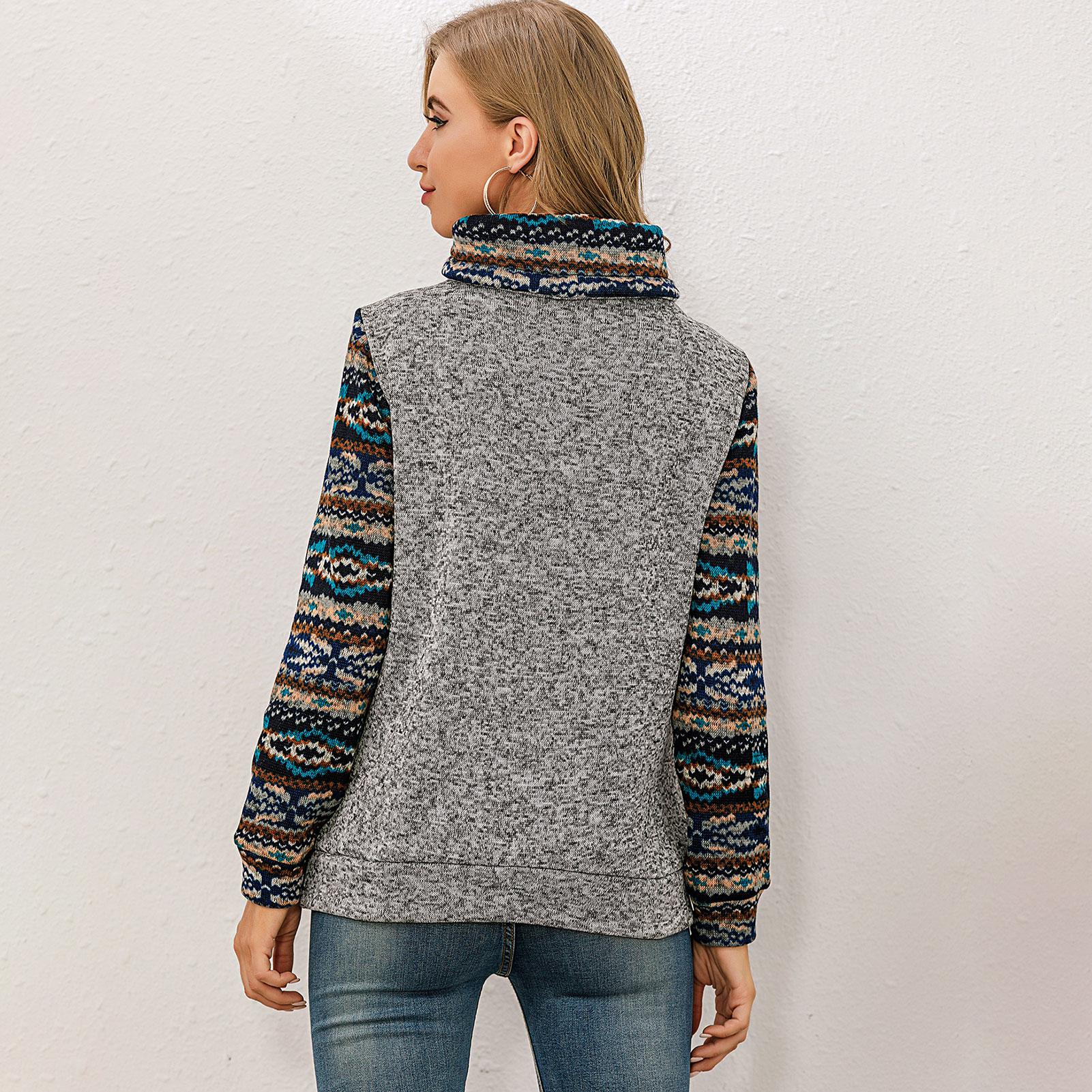 Women Sweatshirt Vintage Print Splicing Turtleneck Pocket Brushed Pullover Shirt Soft Casual Tops