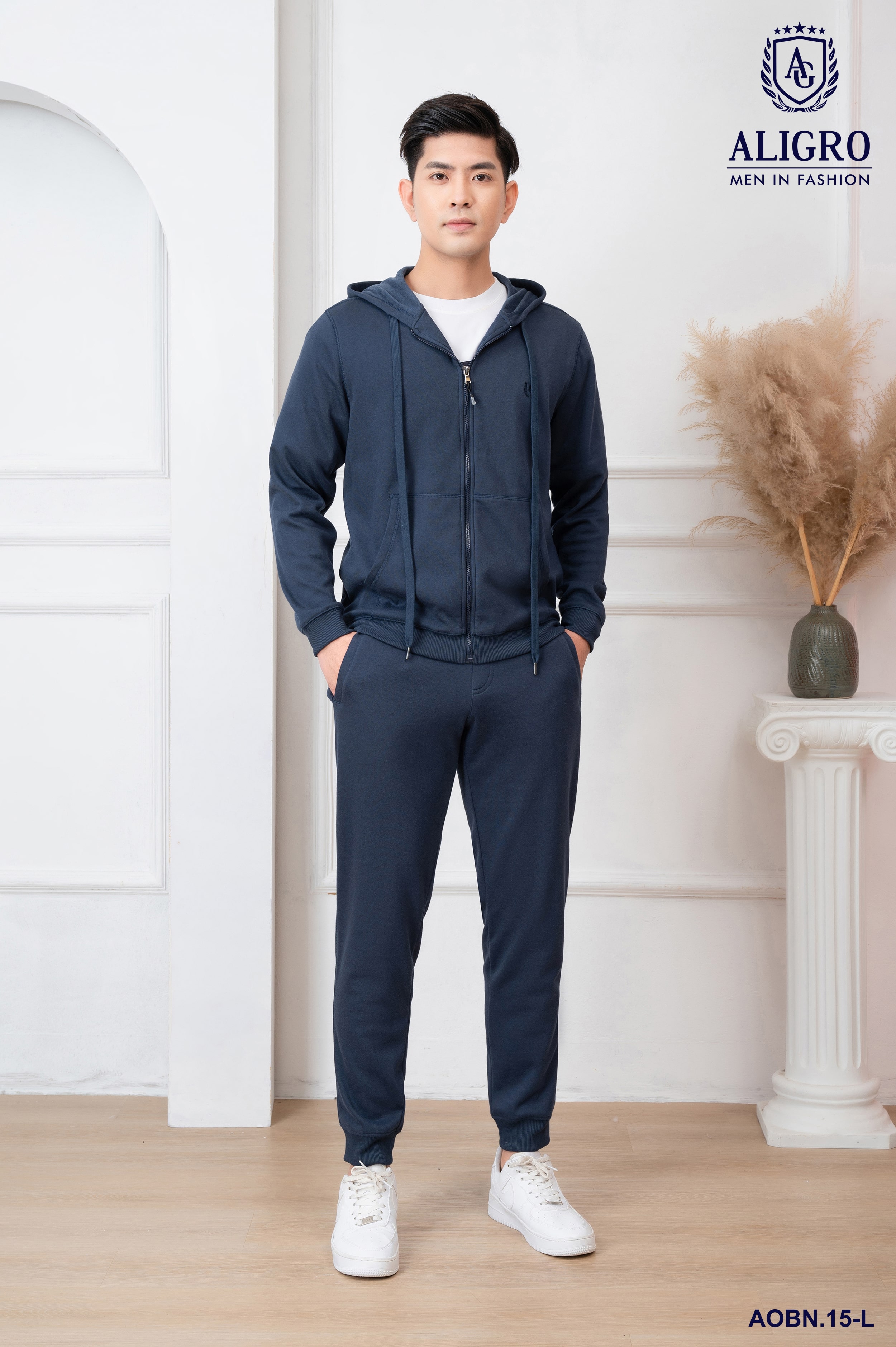 Bộ nỉ hoddie ALIGRO kéo khóa có mũ màu navy BN.15