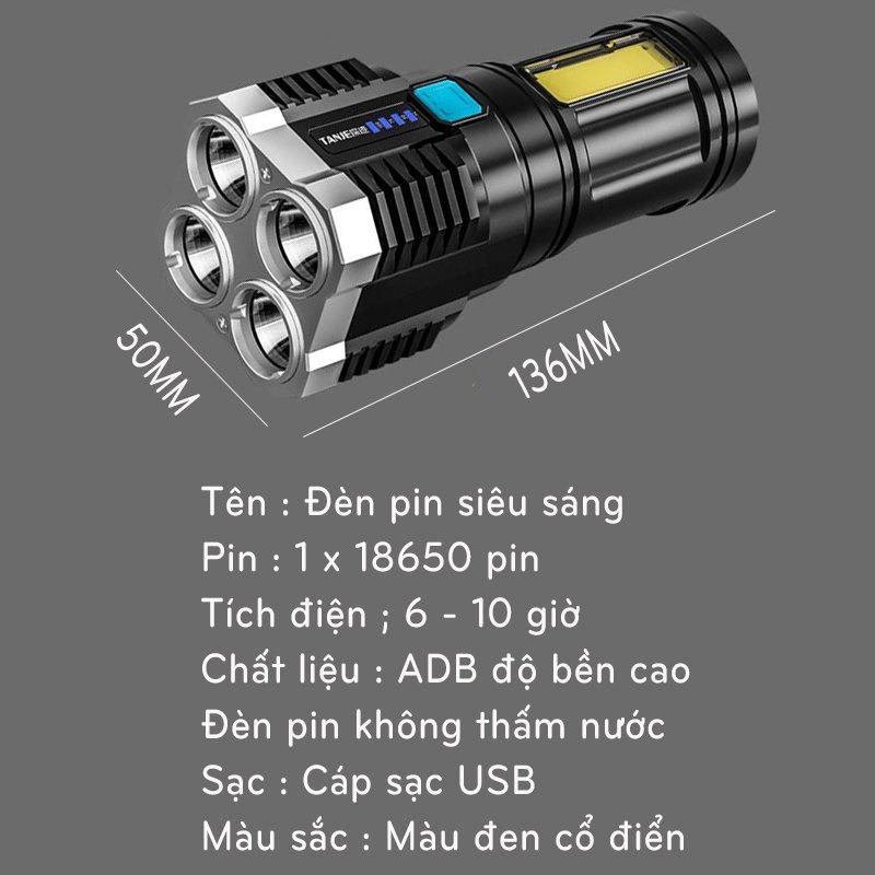 Đèn Pin Cầm Tay Chiếu Xa Siêu Sáng 4 Bóng 4 Chế Độ Sạc Tích Điện, Đèn Pin Led, Du Lịch