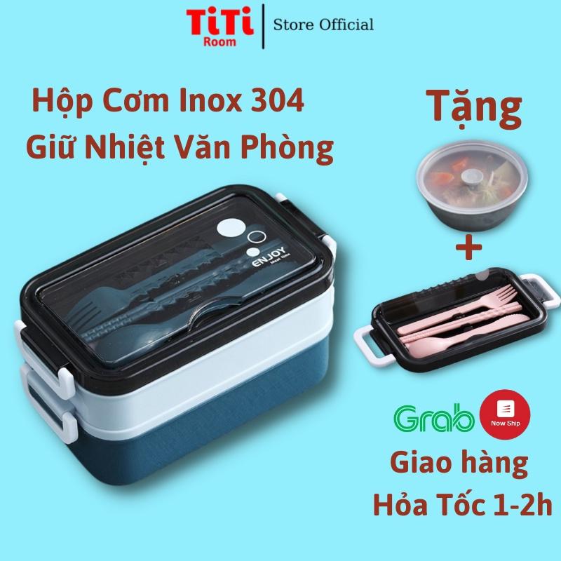 Hộp cơm giữ nhiệt, Hộp đựng cơm văn phòng Inox 2 tầng tặng kèm đũa thìa dĩa