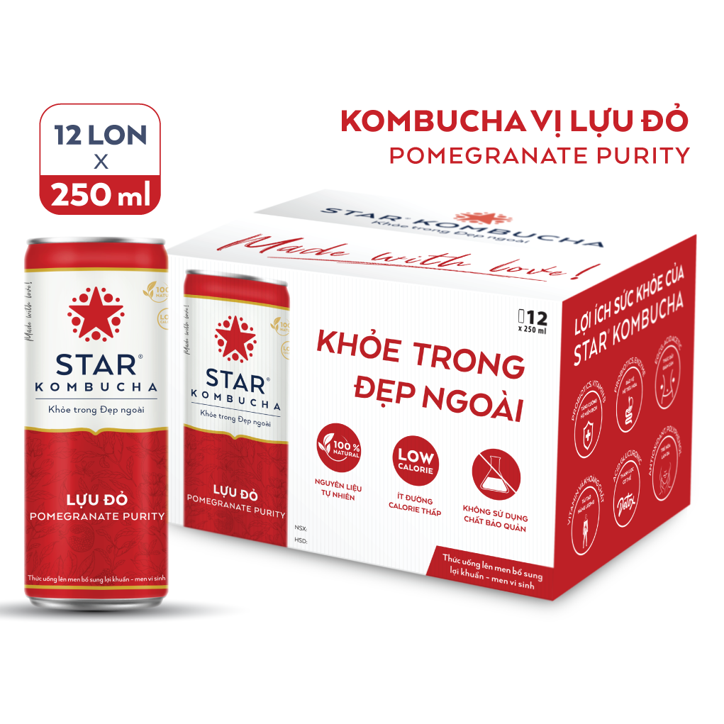 Thùng 12 lon thức uống lên men STAR KOMBUCHA Lựu Đỏ / Pomegranate Purity (250ml/lon)