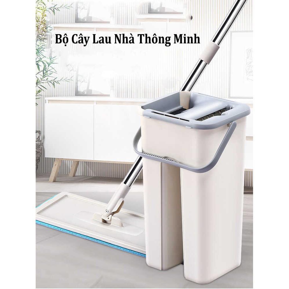 Bộ Cây Lau Nhà Thông Minh Kèm Thùng Vắt 2 Ngăn (Tặng Kèm 2 Miếng Lau) - Miễn Phí Vận Chuyển