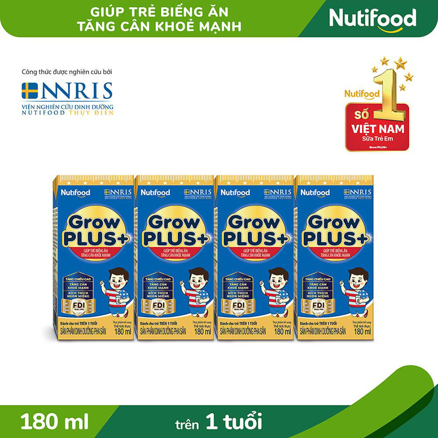 Thùng Sữa Bột Pha Sẵn Nutifood GrowPLUS+ Biếng Ăn 180ml -Trên 1 tuổi - Tăng Cân Khỏe Mạnh (48 Hộp x 180ml)