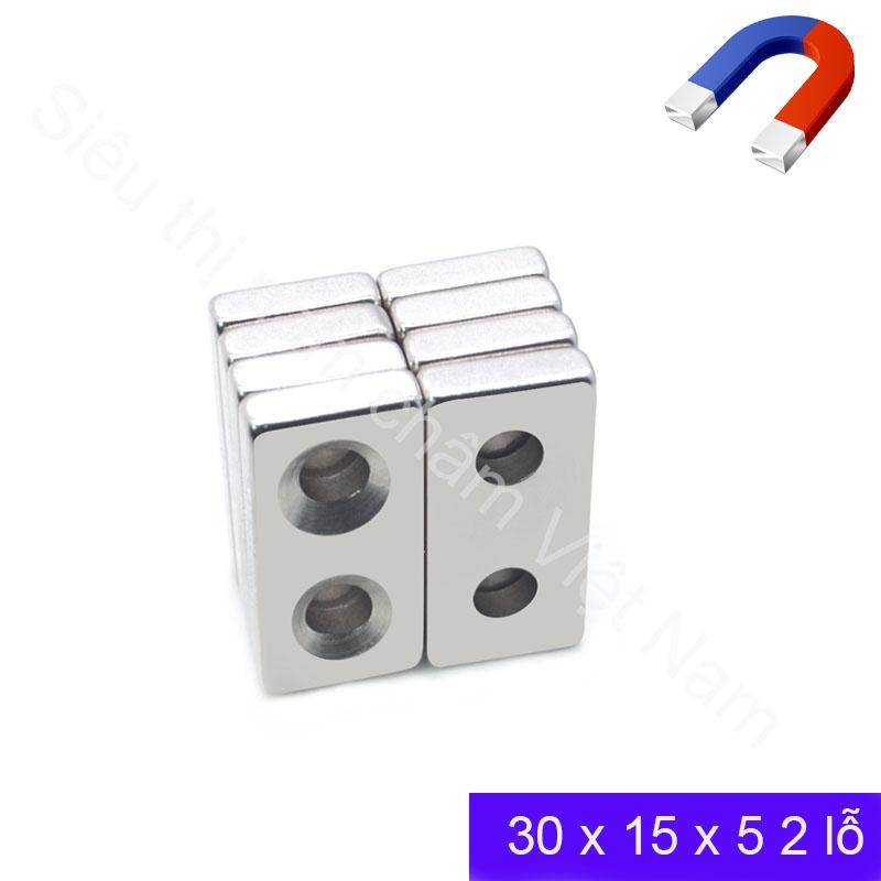 Nam châm hình chữ nhật kích thước 30x15x5mm có 2 lỗ bắt vít, nam châm siêu cường