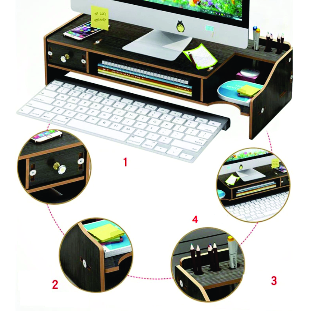 Kệ đỡ màn hình, Kệ máy tính kệ sách kệ hồ sơ để bàn kèm cắm viết bằng gỗ KMT6